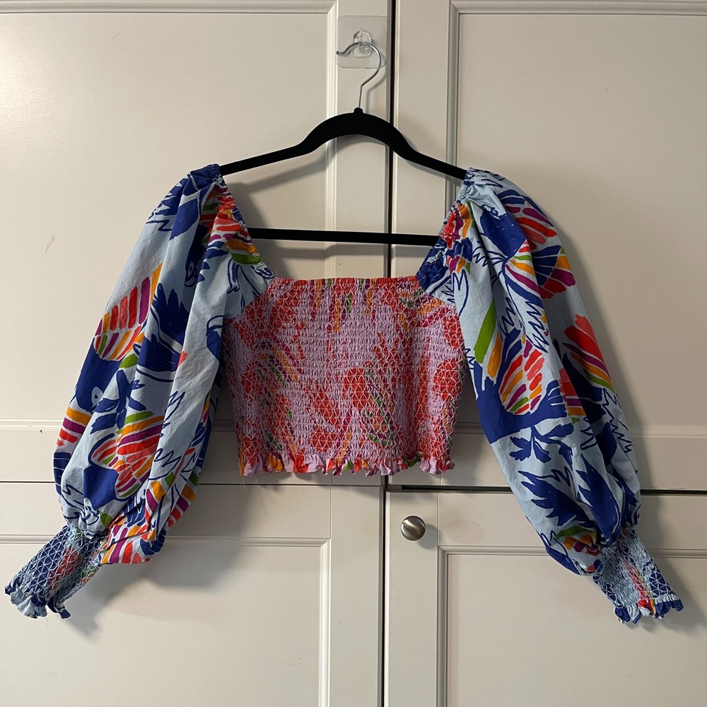 Farm Rio Smocked Crop Top Puff Sleeve Tropical Floral Print Womens Small